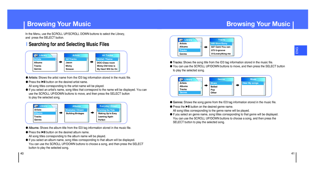 Samsung YH-820MC/XSG, YH-820MW/ELS Browsing Your Music, Searching for and Selecting Music Files, To play the selected song 