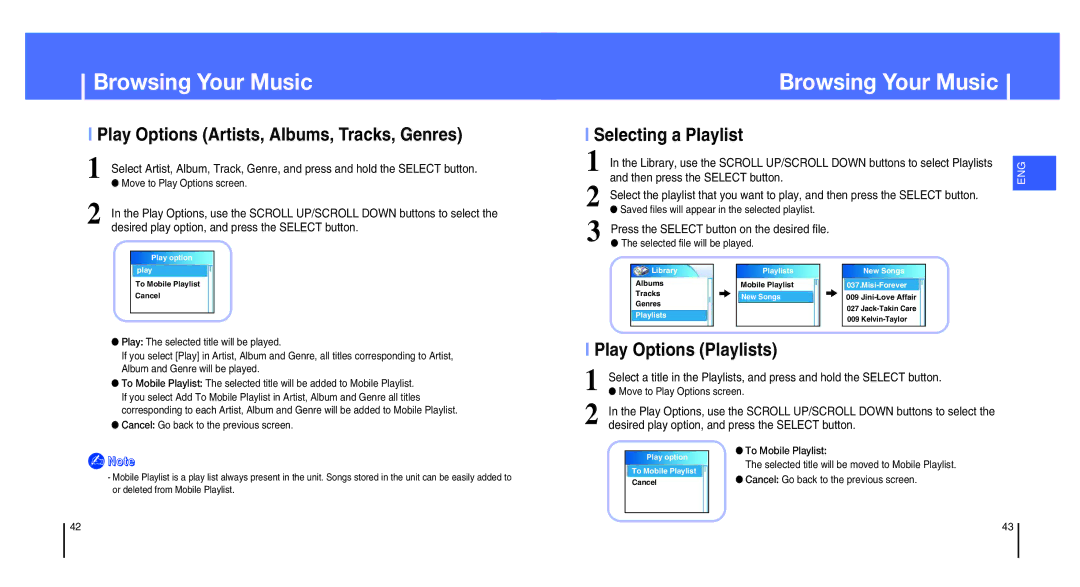 Samsung YH-820MC/XFO manual Play Options Artists, Albums, Tracks, Genres, Selecting a Playlist, Play Options Playlists 