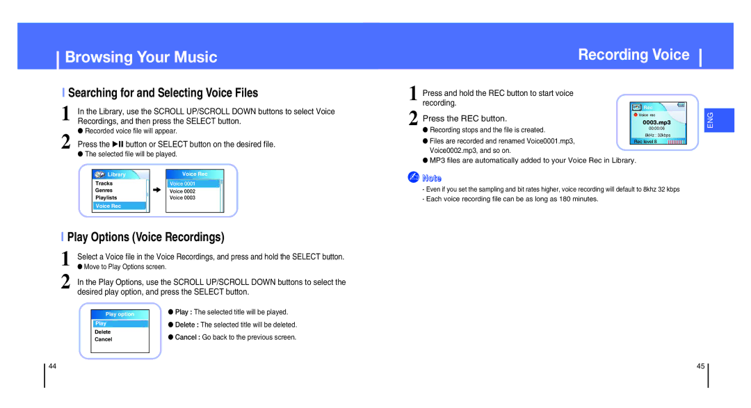 Samsung YH-820MC/HAO, YH-820MW/ELS Recording Voice, Searching for and Selecting Voice Files, Play Options Voice Recordings 