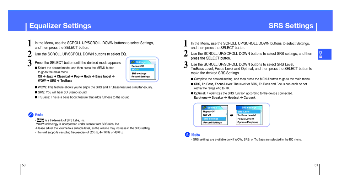 Samsung YH-820MW/ELS Equalizer Settings, Select the desired mode, and then press the Menu button, To go to the main menu 