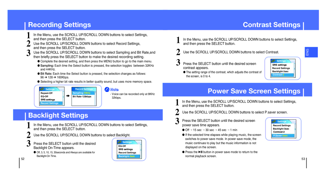 Samsung YH-820MC/ELS, YH-820MW/ELS Recording Settings, Contrast Settings, Power Save Screen Settings, Backlight Settings 