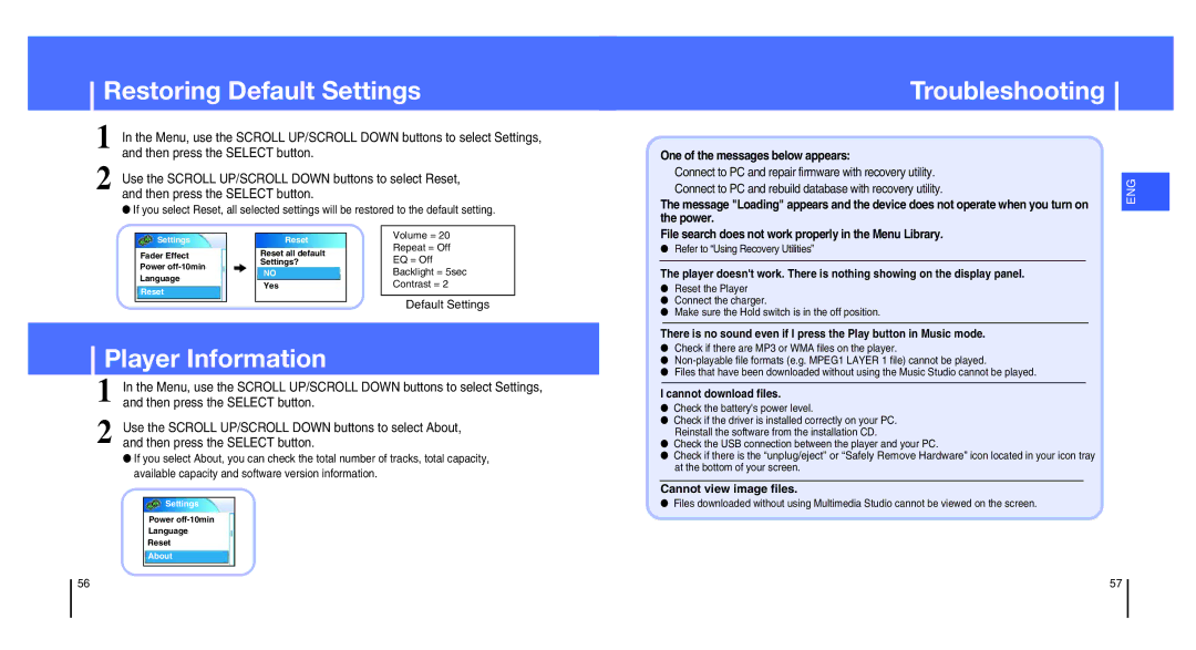 Samsung YH-820MC/XAC, YH-820MW/ELS, YH-820MC/ELS manual Restoring Default Settings Troubleshooting, Player Information 