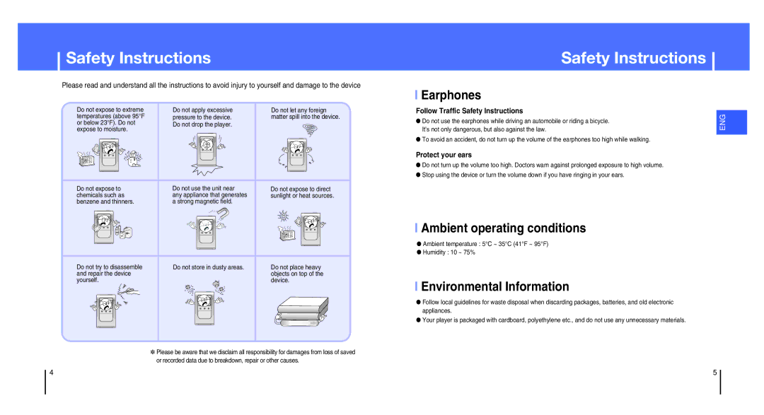 Samsung YH-820MC/XAC, YH-820MW/ELS Safety Instructions, Earphones, Ambient operating conditions, Environmental Information 