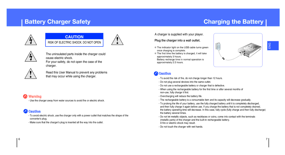 Samsung YH-820MC/XAA, YH-820MW/ELS, YH-820MC/ELS, YH-820MC/XEU, YH-820MC/XAC manual Battery Charger Safety Charging the Battery 