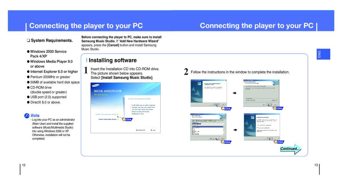 Samsung YH-820MC/XSP, YH-820MW/ELS, YH-820MC/ELS, YH-820MC/XEU manual Connecting the player to your PC, Installing software 