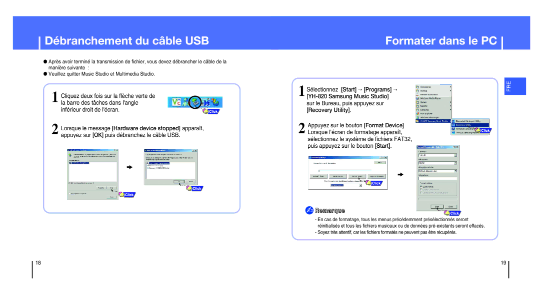 Samsung YH-820MW/ELS, YH-820MC/ELS manual Débranchement du câble USB, Formater dans le PC 