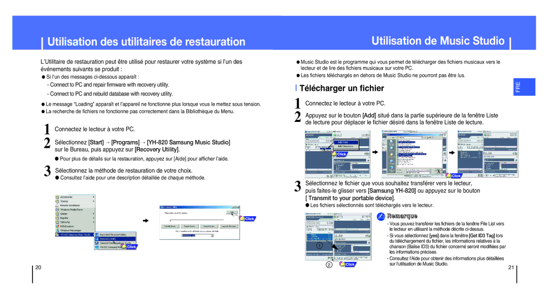 Samsung YH-820MC/ELS Utilisation des utilitaires de restauration, Utilisation de Music Studio, Télécharger un fichier 