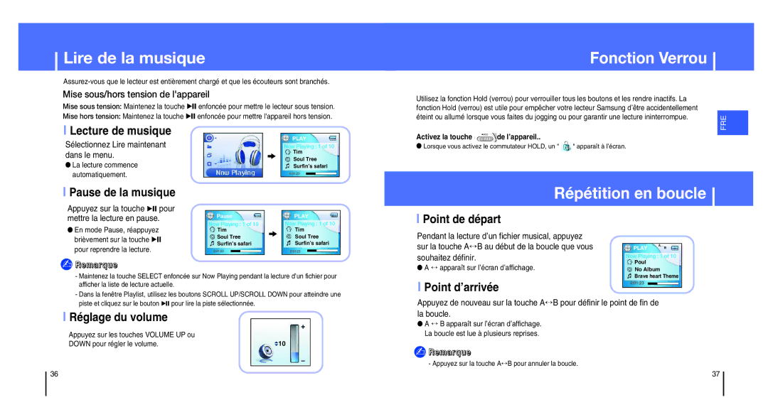 Samsung YH-820MC/ELS, YH-820MW/ELS manual Lire de la musique, Fonction Verrou, Répétition en boucle 