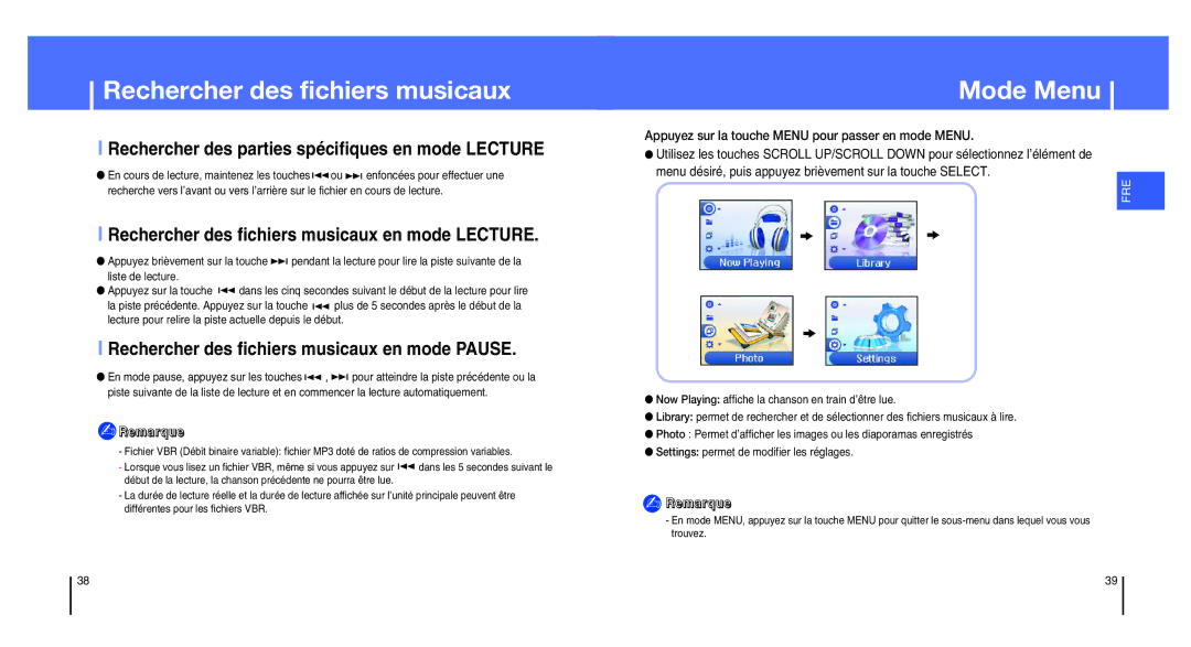 Samsung YH-820MW/ELS manual Rechercher des fichiers musicaux, Mode Menu, Rechercher des parties spécifiques en mode Lecture 