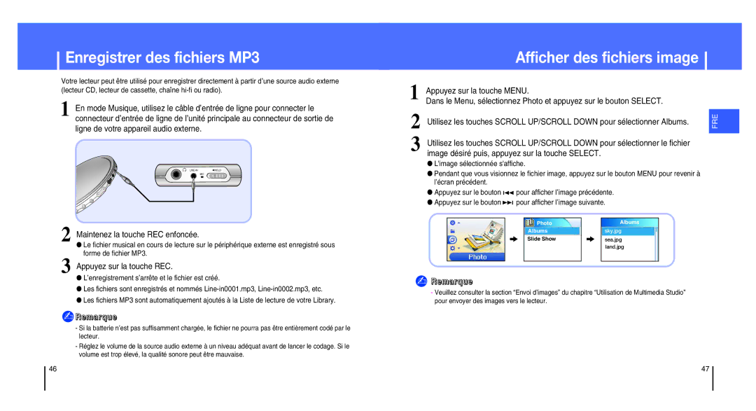 Samsung YH-820MW/ELS manual Enregistrer des fichiers MP3, Afficher des fichiers image, Maintenez la touche REC enfoncée 