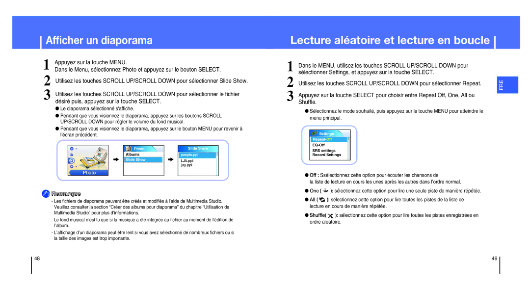 Samsung YH-820MC/ELS, YH-820MW/ELS manual Afficher un diaporama, Lecture aléatoire et lecture en boucle 