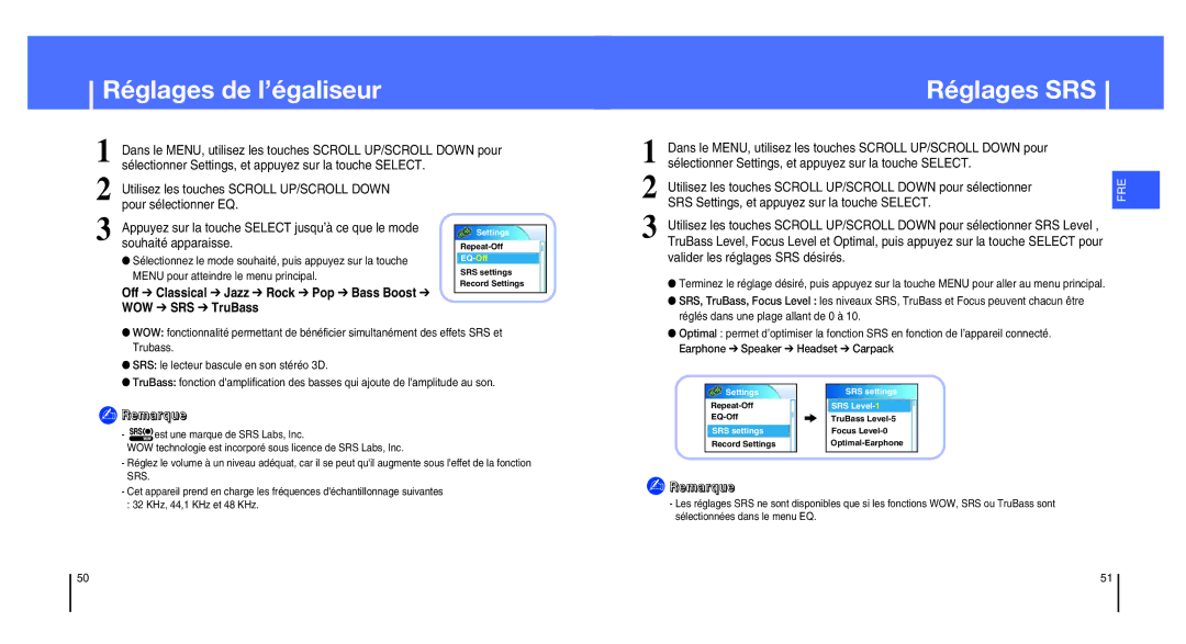 Samsung YH-820MW/ELS manual Réglages de l’égaliseur, Réglages SRS, Souhaité apparaisse, Valider les réglages SRS désirés 