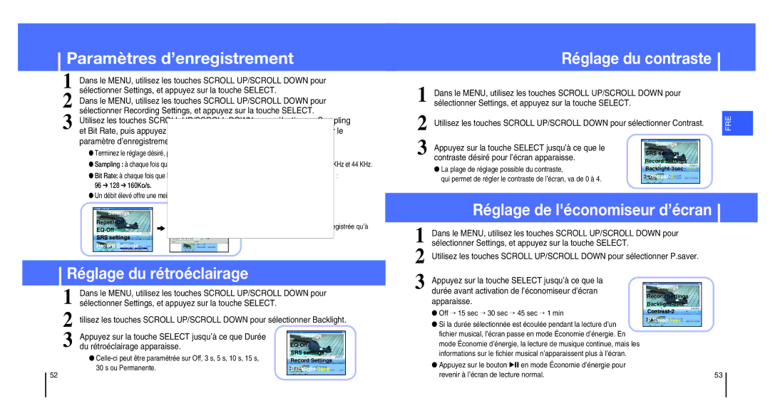 Samsung YH-820MC/ELS, YH-820MW/ELS manual Paramètres d’enregistrement, Réglage du contraste, Réglage du rétroéclairage 