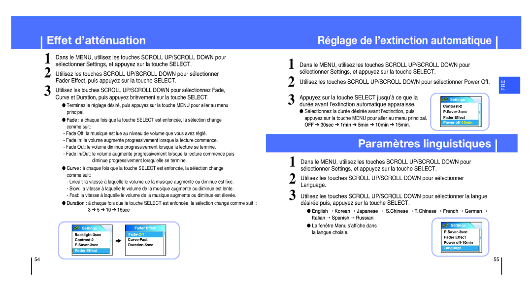 Samsung YH-820MW/ELS, YH-820MC/ELS manual Effet d’atténuation, Réglage de l’extinction automatique, Paramètres linguistiques 