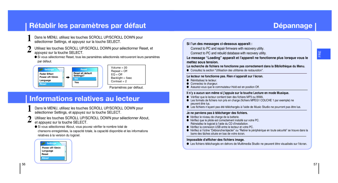 Samsung YH-820MC/ELS manual Rétablir les paramètres par défaut Dépannage, Informations relatives au lecteur, Par défaut 