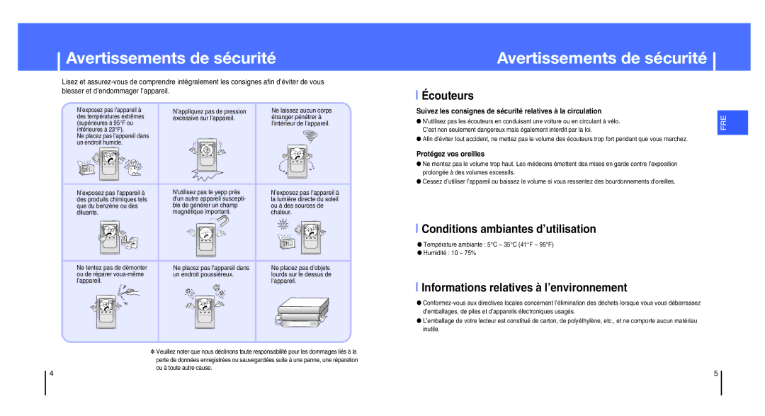 Samsung YH-820MC/ELS, YH-820MW/ELS manual Avertissements de sécurité, Écouteurs, Conditions ambiantes d’utilisation 