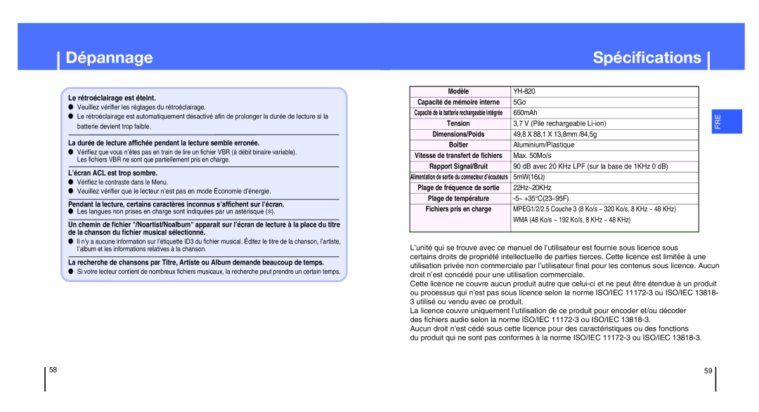 Samsung YH-820MW/ELS, YH-820MC/ELS manual Spécifications 