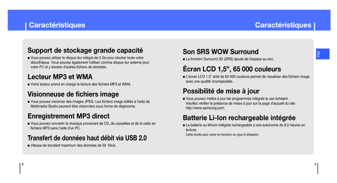 Samsung YH-820MC/ELS manual Caractéristiques Son SRS WOW Surround, Vitesse de transfert maximum des données de 50 Mo/s 