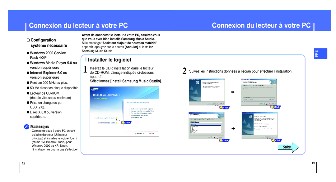 Samsung YH-820MC/ELS, YH-820MW/ELS Connexion du lecteur à votre PC, Installer le logiciel, Mo d’espace disque disponible 