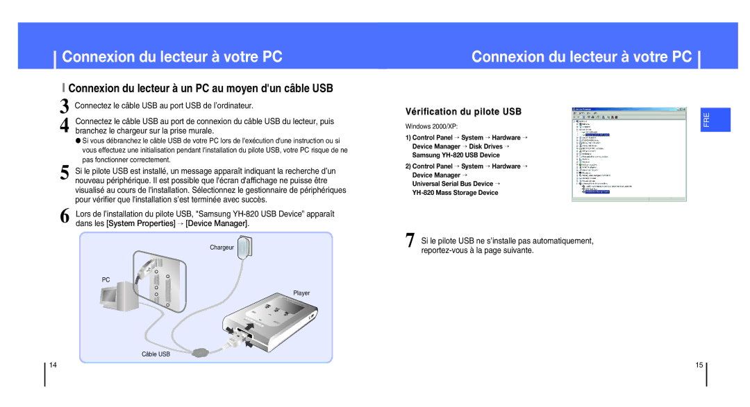 Samsung YH-820MW/ELS, YH-820MC/ELS Connexion du lecteur à un PC au moyen dun câble USB, Reportez-vous à la page suivante 