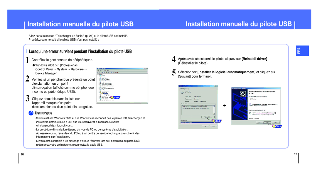 Samsung YH-820MC/ELS, YH-820MW/ELS manual Installation manuelle du pilote USB, Contrôlez le gestionnaire de périphériques 