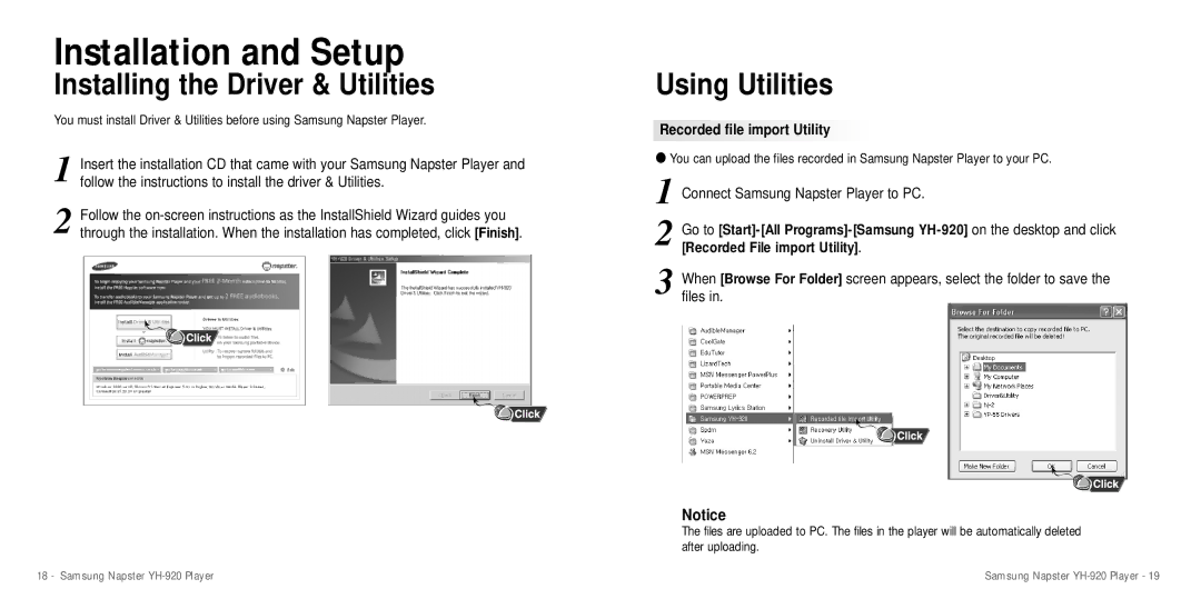 Samsung YH-920 manual Installing the Driver & Utilities, Using Utilities, Recorded file import Utility 