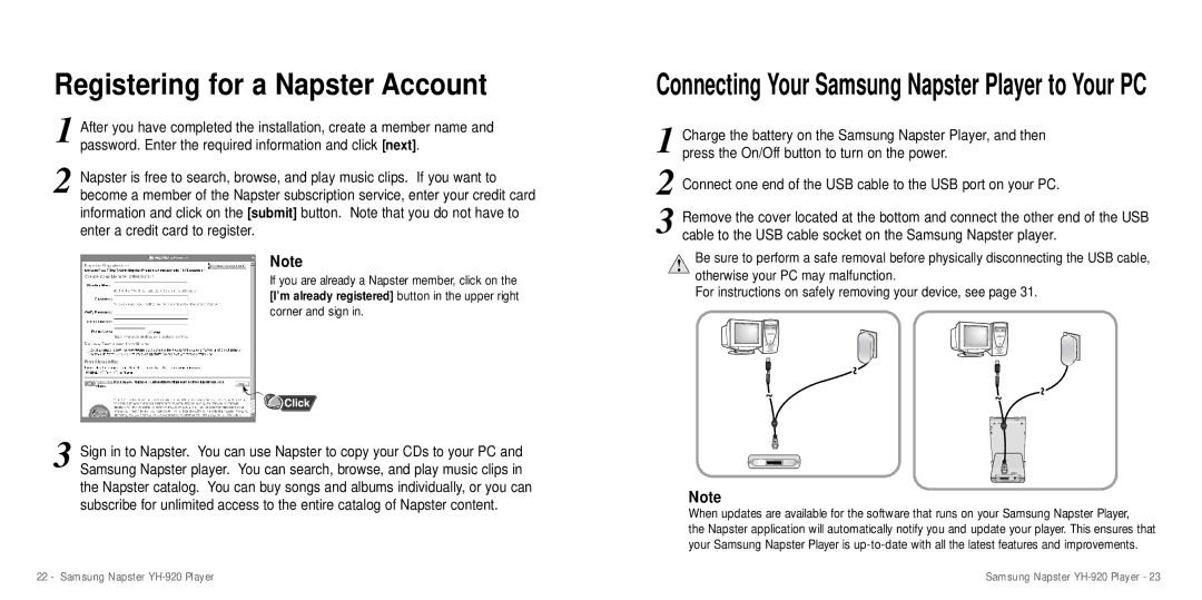 Samsung YH-920 manual Registering for a Napster Account, Connecting Your Samsung Napster Player to Your PC 