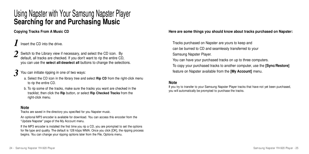 Samsung YH-920 manual Searching for and Purchasing Music, Copying Tracks From a Music CD 