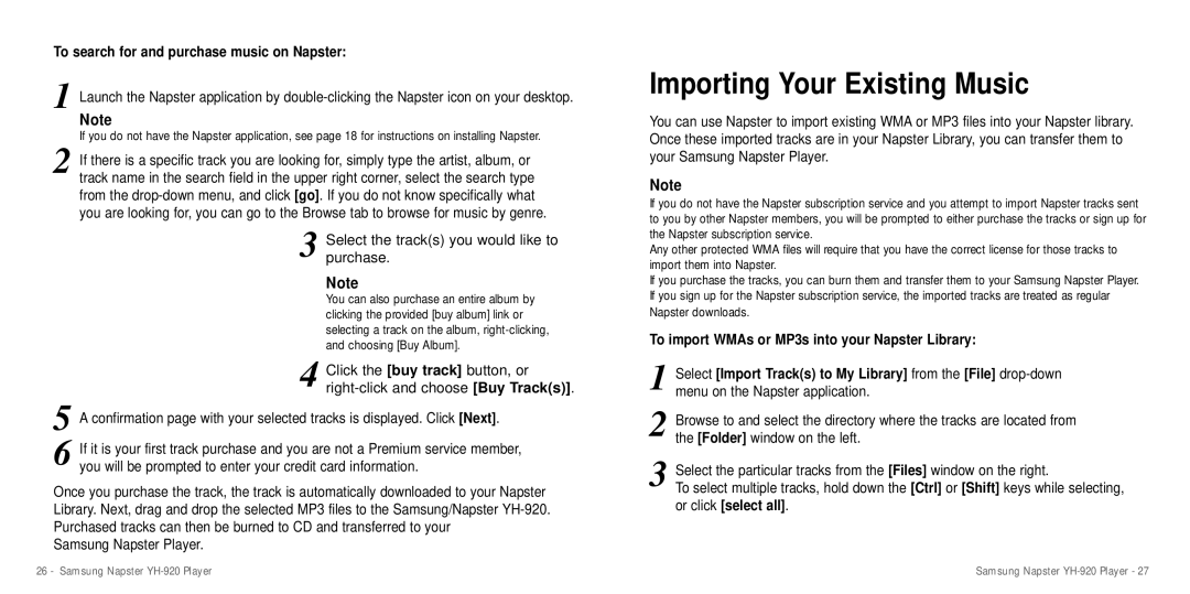 Samsung YH-920 manual Importing Your Existing Music, To search for and purchase music on Napster, Samsung Napster Player 