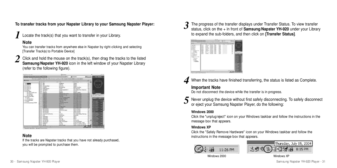 Samsung YH-920 manual Important Note, Locate the tracks that you want to transfer in your Library 