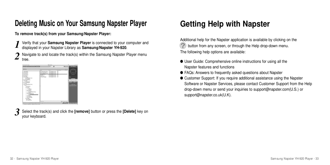 Samsung YH-920 manual Getting Help with Napster, To remove tracks from your Samsung/Napster Player 