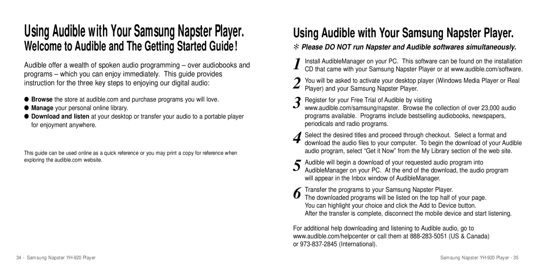 Samsung YH-920 manual Using Audible with Your Samsung Napster Player 