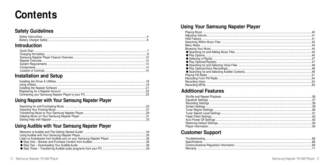 Samsung YH-920 manual Contents 