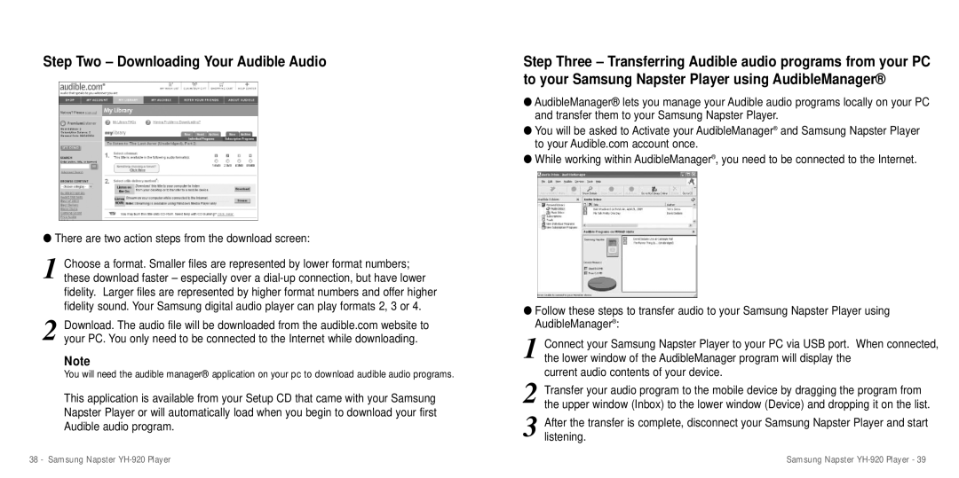 Samsung YH-920 manual Step Two Downloading Your Audible Audio, There are two action steps from the download screen 