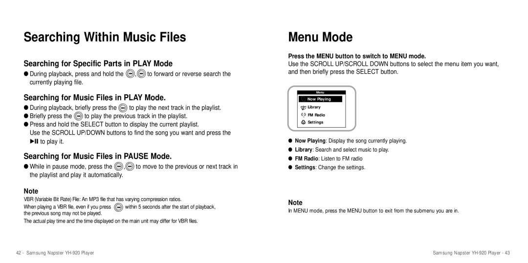 Samsung YH-920 manual Searching Within Music Files, Menu Mode, Searching for Specific Parts in Play Mode 