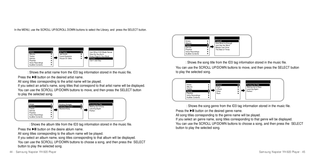 Samsung YH-920 manual Browsing Your Music, Searching for and Selecting Music Files 