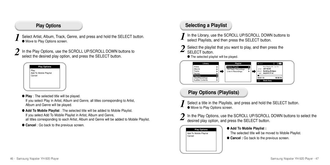 Samsung YH-920 manual Play Options, Selecting a Playlist 