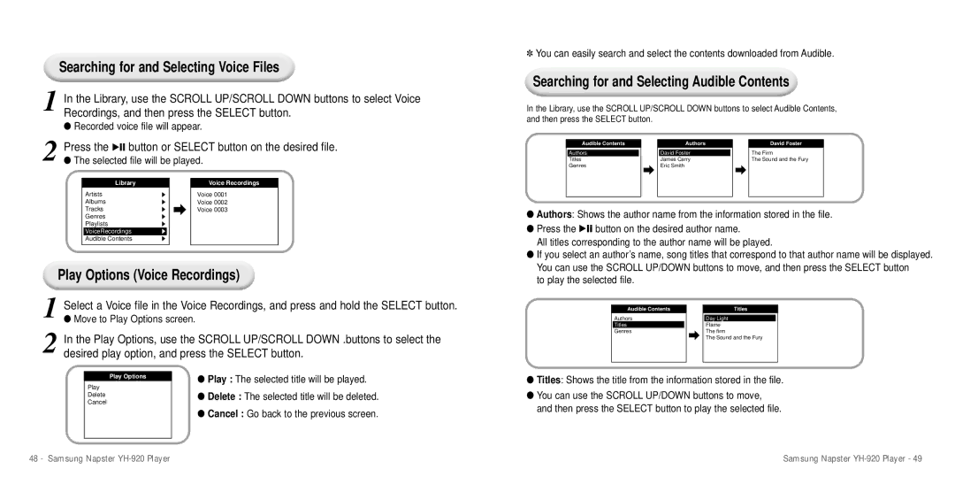 Samsung YH-920 manual Searching for and Selecting Voice Files, Searching for and Selecting Audible Contents 