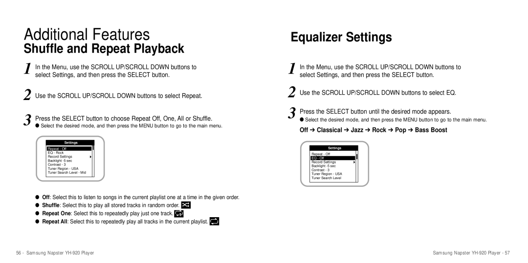 Samsung YH-920 manual Shuffle and Repeat Playback, Equalizer Settings, Off Classical Jazz Rock Pop Bass Boost 