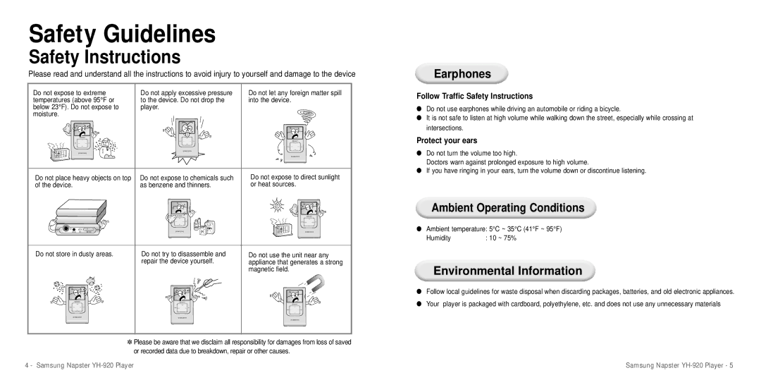 Samsung YH-920 manual Safety Instructions, Earphones, Ambient Operating Conditions, Environmental Information 