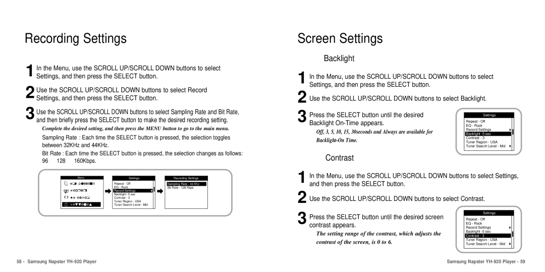 Samsung YH-920 manual Recording Settings 