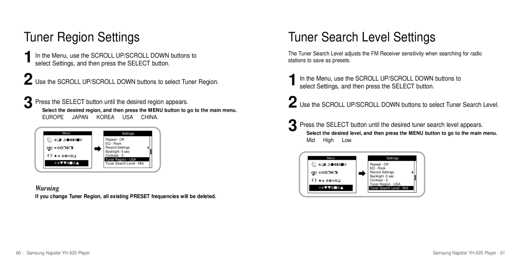 Samsung YH-920 manual Tuner Region Settings, Tuner Search Level Settings, Mid High Low 