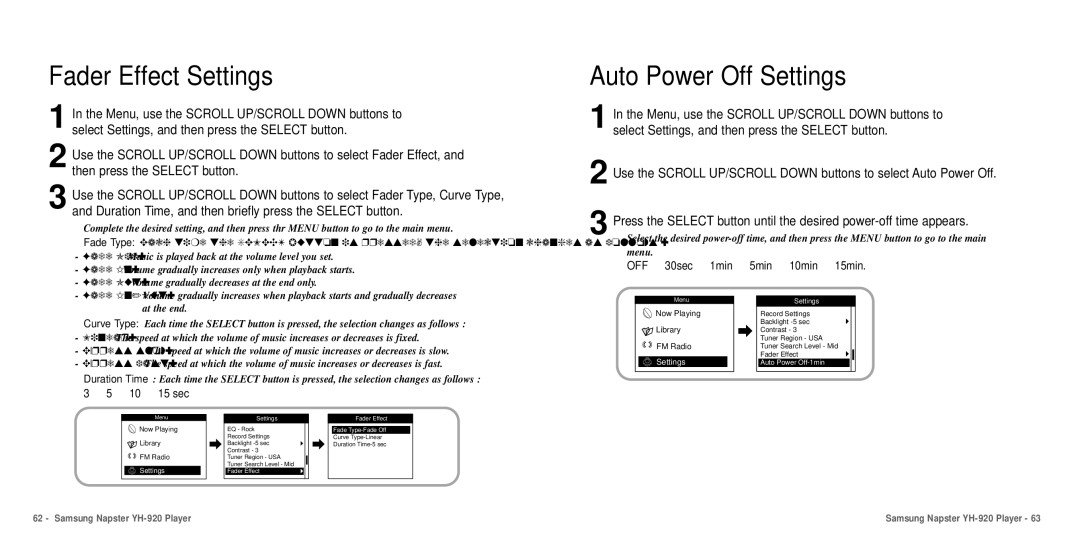 Samsung YH-920 manual Fader Effect Settings, Auto Power Off Settings, 10 15 sec 