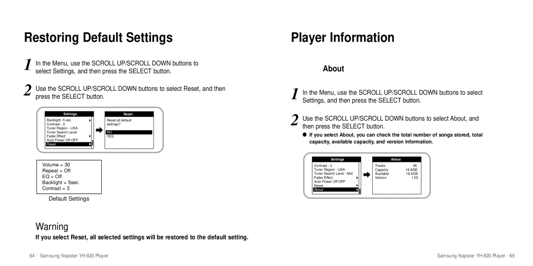 Samsung YH-920 manual Restoring Default Settings, Player Information, About 