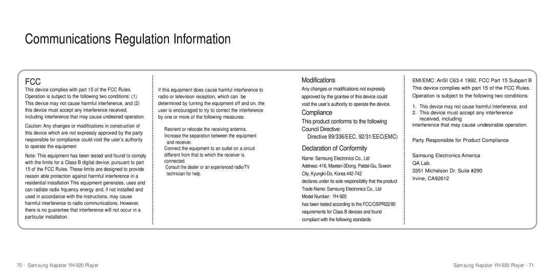 Samsung YH-920 manual Communications Regulation Information, Modifications, Compliance, Declaration of Conformity 