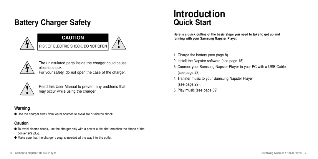 Samsung YH-920 manual Battery Charger Safety, Quick Start 