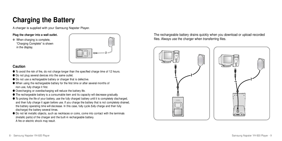 Samsung YH-920 manual Charging the Battery, Charger is supplied with your Samsung Napster Player 