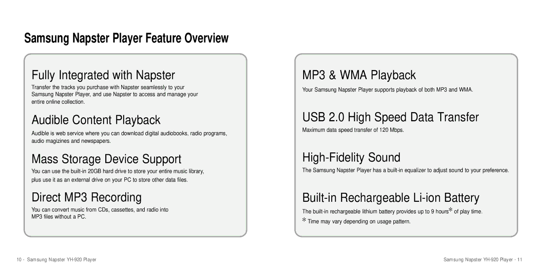 Samsung YH-920 manual Samsung Napster Player Feature Overview, Maximum data speed transfer of 120 Mbps 