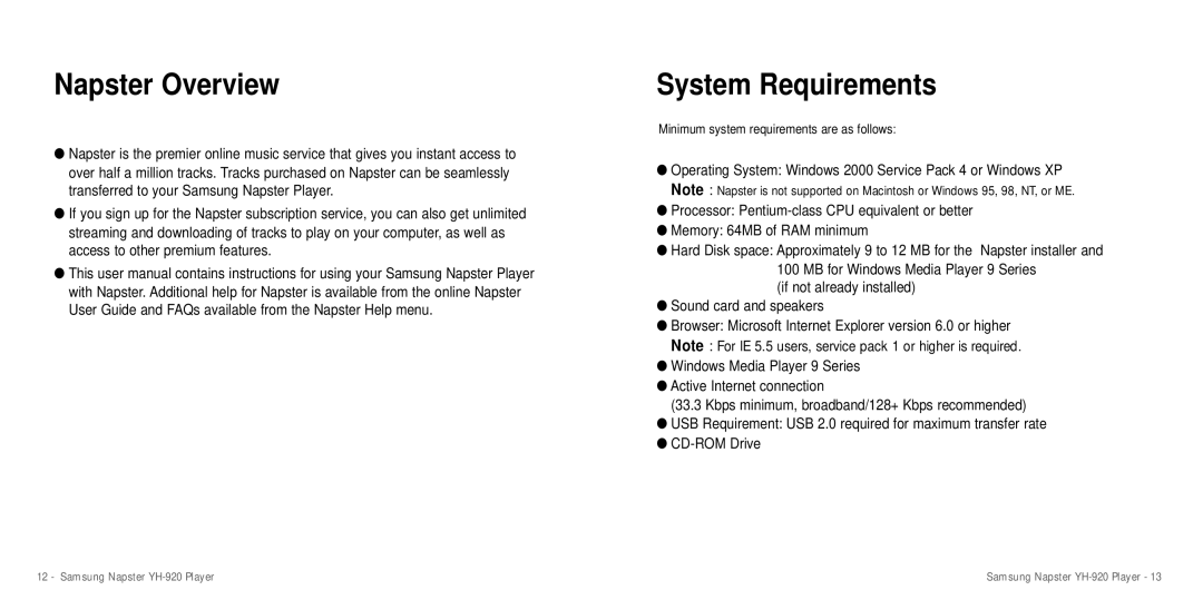 Samsung YH-920 manual Napster Overview, System Requirements, Minimum system requirements are as follows 