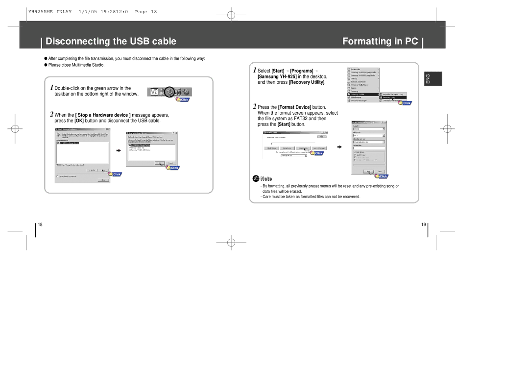 Samsung YH-925 manual Disconnecting the USB cable, Formatting in PC, Select Start → Programs → 